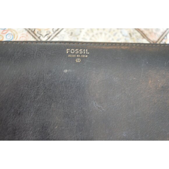Fossil Wallet Black Leather Zip Around Accordion Wristlet Kelly Green Interior - Picture 3 of 11
